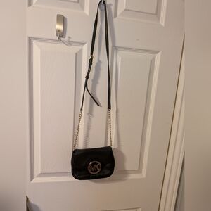 Michael Kors Black Leather Crossbody with Gold MK Emblem- Fulton